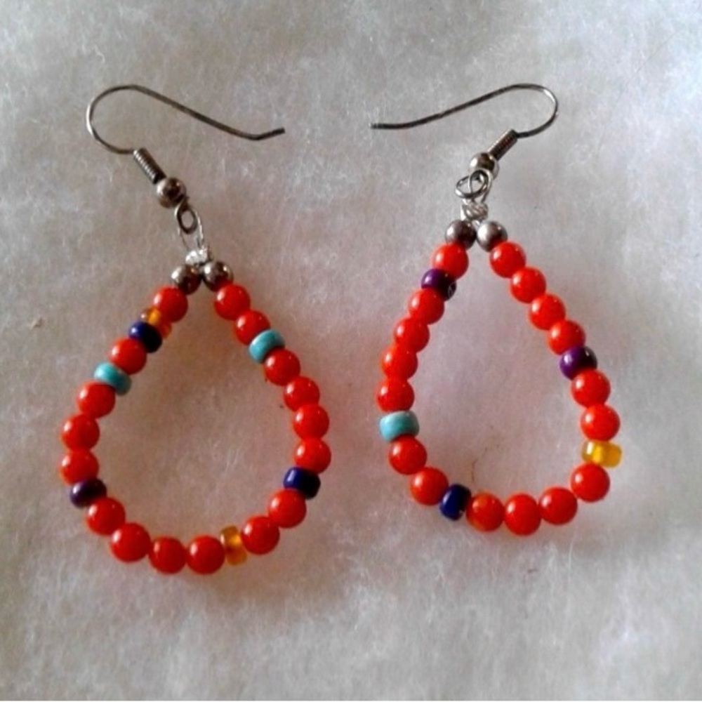 Native American Vintage Beaded Red Coral Earrings